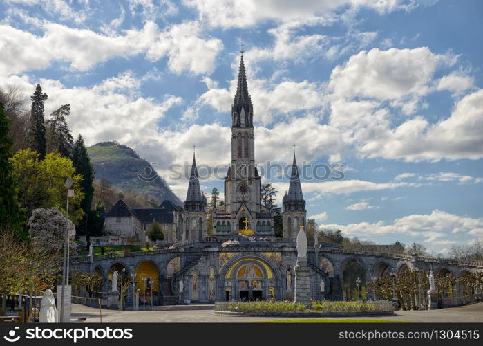 a view of the cathedral in Lourdes, France