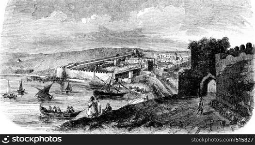 A view of the city of Tangier, vintage engraved illustration. Magasin Pittoresque 1844.