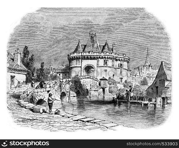 A view of the city of Vendome, vintage engraved illustration. Magasin Pittoresque 1853.