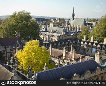 A view of the colleges of Oxford University from the belltower of the Church of St. Mary The Virgin in Oxford, England.