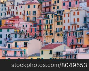 A view of the colorful traditional houses on the rock. The coast of Liguria. Manarola, Cinque Terre.