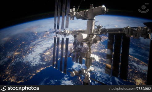 A view of the Earth and a spaceship. International space station is orbiting the Earth, Elements furnished by NASA.. A view of the Earth and a spaceship. ISS is orbiting the Earth