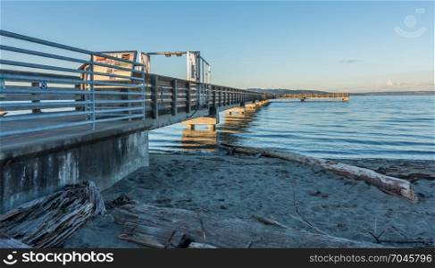 A view of the fishing pier in Dash Point, Washington at high tide.