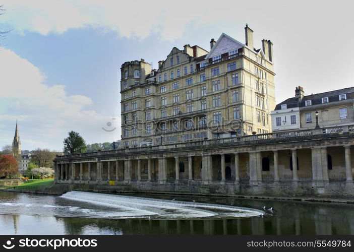 A view of the former Empire Hotel, beside the River Avon, in Bath, Somerset, England. The building is now divided into apartments.