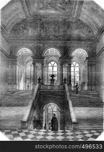 A view of the grand staircase, the Louvre Museum, vintage engraved illustration. Magasin Pittoresque 1841.