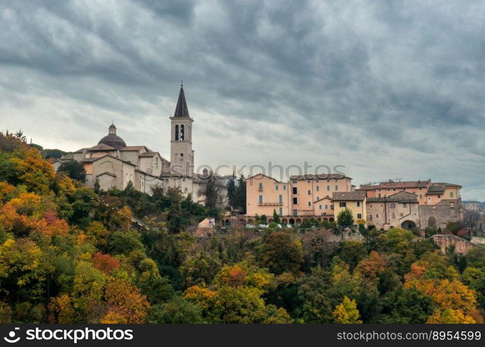 A view of the historic city center of Spoleto with the cathedral