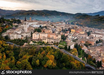 A view of the historic city center of Spoleto with the cathedral