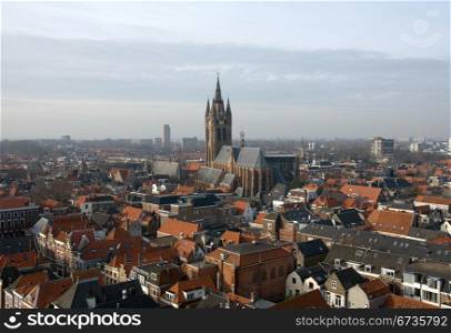A view of the houses and buildings in Delft, the Netherlands, captured from the church spire of the New Church (Nieuwe Kerk)