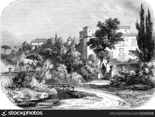 A view of the King Rene gardens, near Aix, vintage engraved illustration. Magasin Pittoresque 1852.