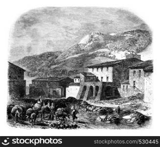 A view of the La Jonquera, vintage engraved illustration. Magasin Pittoresque 1852.