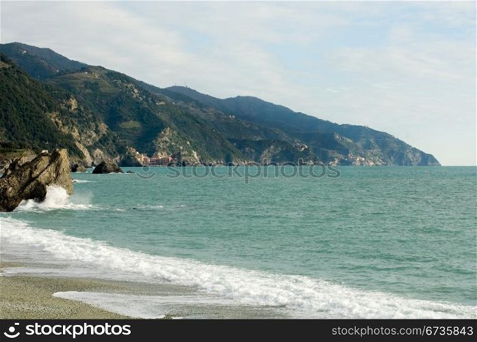 A view of the Mediterranean coastline, captured from Monterosso, Cinque Terre, Italy