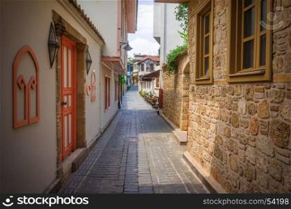 A view of the narrow streets of the old town of Kalechi in Antalya, Turkey.