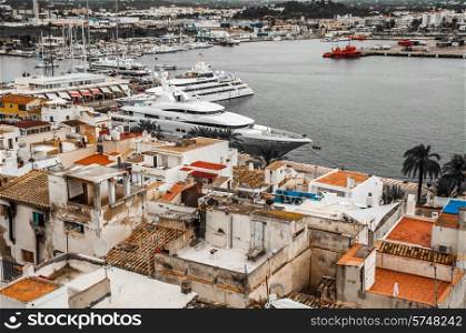 A View of the old town of Ibiza and the harbour from high up.