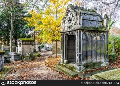A view of the Pere Lachaise, the most famous cemetery in Paris, France, with the tombs of very famous people