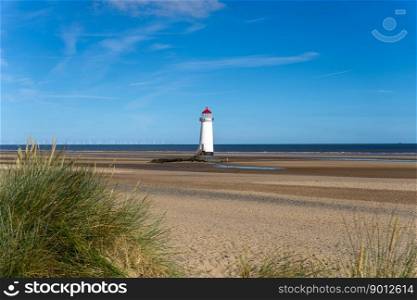 A view of the Point of Ayr Lighthouse and Talacre Beach in northern Wales