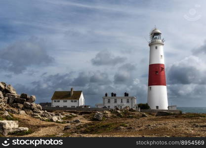 A view of the Portland Bill Lighthouse and Vistors Center on the Isle of Portland in southern England