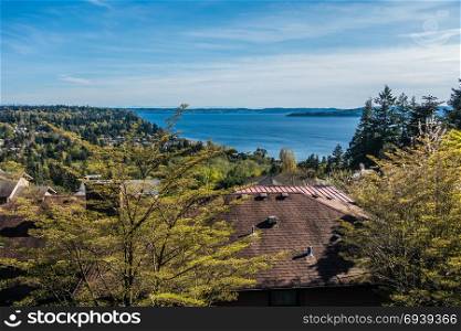 A view of the Puget Soud from a neighborhood of Burien, Washington. It is Spring.
