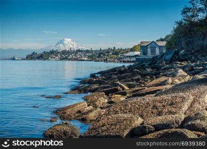 A view of the shoreline in Ruston, Washington. Mount Rainier can be seen in the distance.