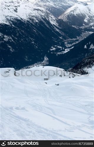 A view of the valley below, captured from the top of Aiguille du Midi, France