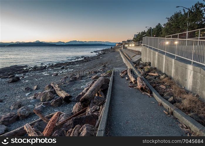 A view of the West Seattle shoreline with the Olympic Mountains in the distance.