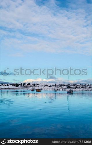 A view of Ushuaia, ocean and mountains in winter, Tierra del Fuego, Argentina, Patagonia