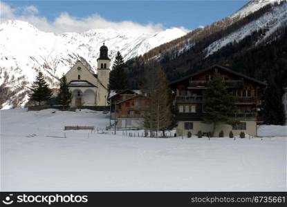 A village scene in the Swiss Alps