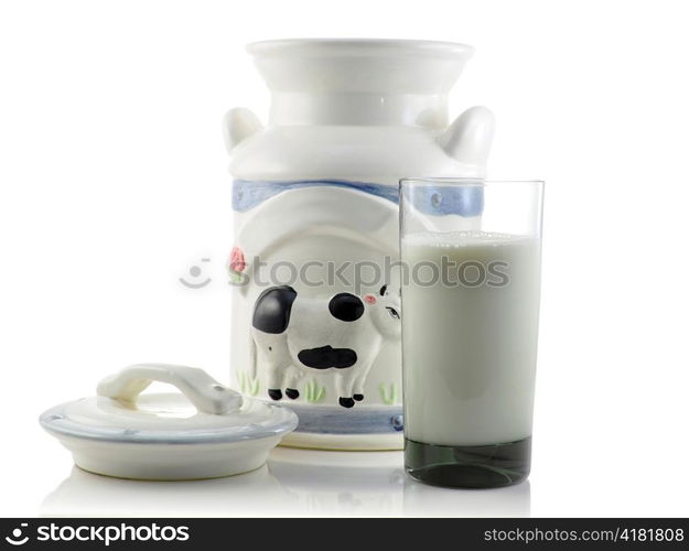 a vintage milk jug and glass of milk on white background