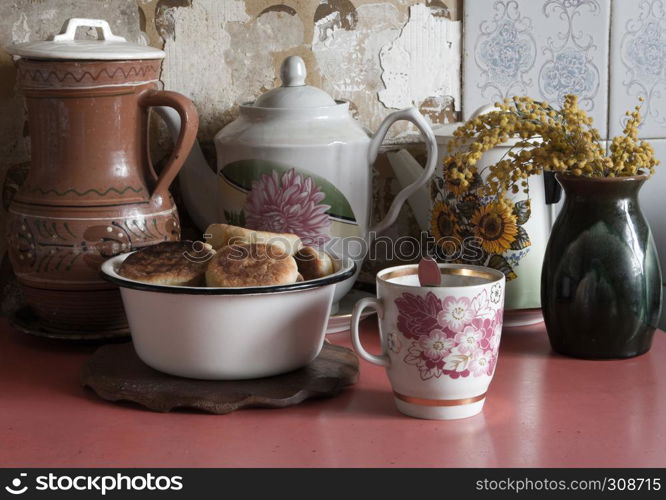 A vintage still-life with cheese cake and mimosa. A still-life with cheese