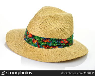 a vintage straw hat on white background