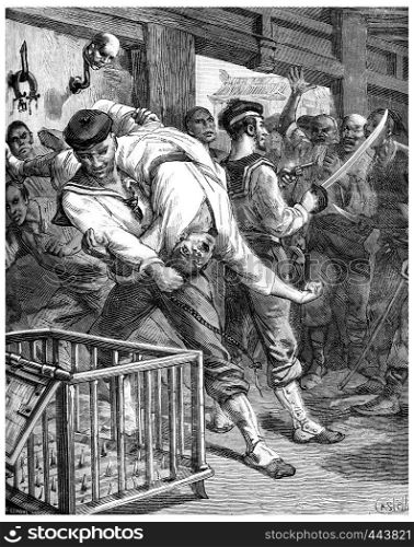 A visit to prisons in Shanghai, I threw myself and pulls alongside my brave sailor, vintage engraved illustration. Journal des Voyage, Travel Journal, (1880-81).