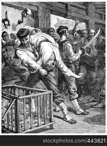 A visit to prisons in Shanghai, I threw myself and pulls alongside my brave sailor, vintage engraved illustration. Journal des Voyage, Travel Journal, (1880-81).