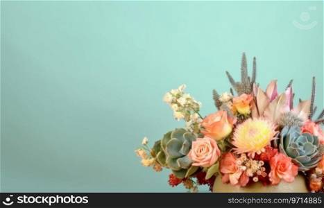 A vivid bouquet featuring pink flowers and sturdy succulents, symbolizing a harmonious blend of softness and resilience. AI Generative. A vivid bouquet featuring pink flowers and sturdy succulents. AI Generative