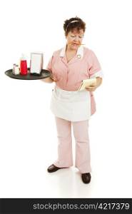 A waitress starting her shift, reading notes on her pad. Full body isolated.