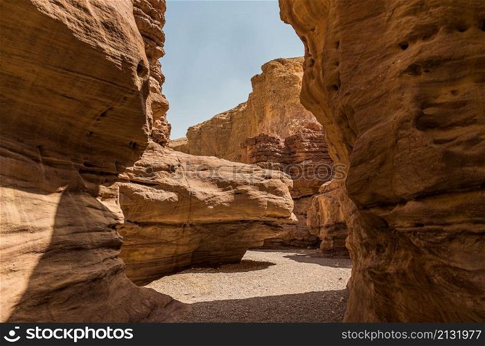 a walking track in the red canion a part of the negev desert in Israel in the south near Eilat. the rocks in the red canion in israel