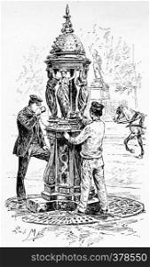 A Wallace fountain, vintage engraved illustration. Paris - Auguste VITU ? 1890.