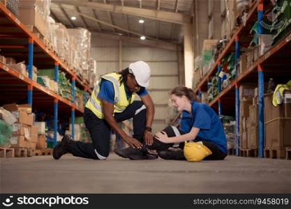 A warehouse worker consoles and helps a female worker who cries out in pain after a leg accident in a large warehouse