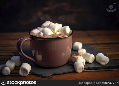 a warm cup of hot chocolate with marshmallows, ready to be enjoyed by a cozy fire, created with generative ai. a warm cup of hot chocolate with marshmallows, ready to be enjoyed by a cozy fire