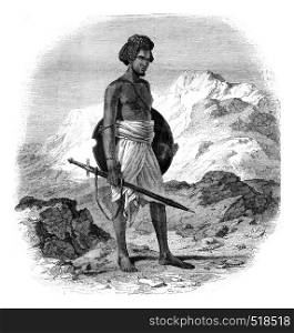 A warrior of the tribe of Zababdeh, vintage engraved illustration. Magasin Pittoresque 1845.
