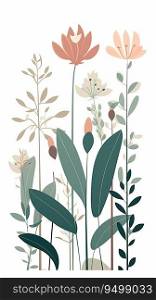 A watercolor painting of flowers and leaves in minimalist pastel colors