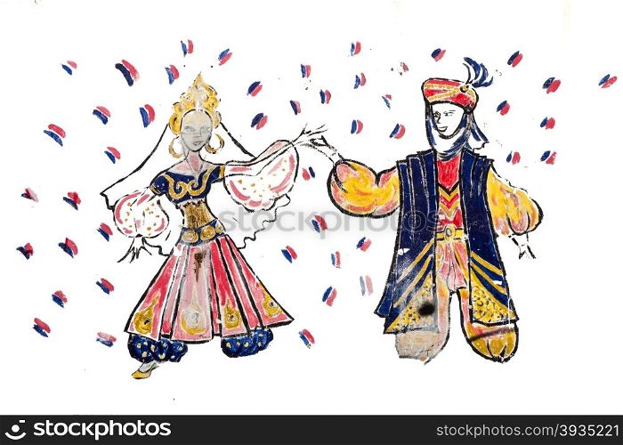 A weathered and chipped drawing of a bride and groom during a traditional wedding celebration decorates a wall in a plaze in the Alrama neighborhood of Lisbon.