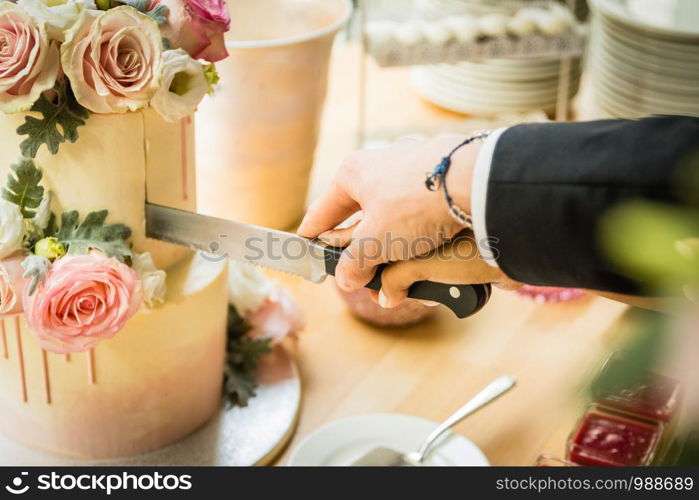 A wedding couple cutting the wedding cake on their wedding day