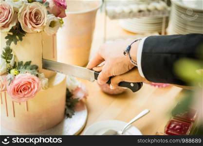 A wedding couple cutting the wedding cake on their wedding day