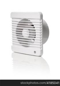 A white bathroom exhaust ventilation fan on reflective background