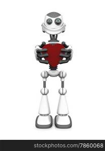 A white cartoon robot holding a big red heart and smiling. White background.