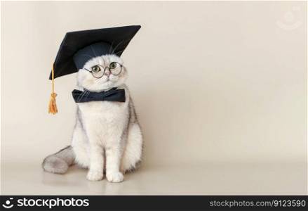 A white cat in a graduates hat and bow tie and glasses , sitting on a beige background. Copy space. A white cat in a graduates hat and bow tie, sitting on a beige background
