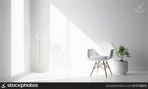 A white chair stands in a white room near the window. Flower in a vase, floor l&. A white chair stands in a white room near the window.