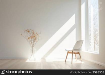 A white chair stands in a white room near the window. Flower in a vase, floor lamp. A white chair stands in a white room near the window.