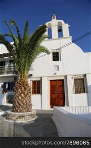 A white church in Chora at the Naxos island at the Cyclades of the Aegean sea in Greece