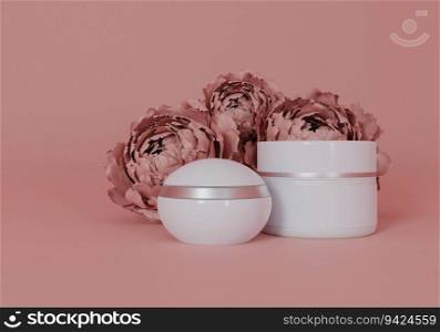 A white cream jar placed on a red background
