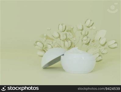 A white cream jar was placed on the floor and there were flowers beside it.